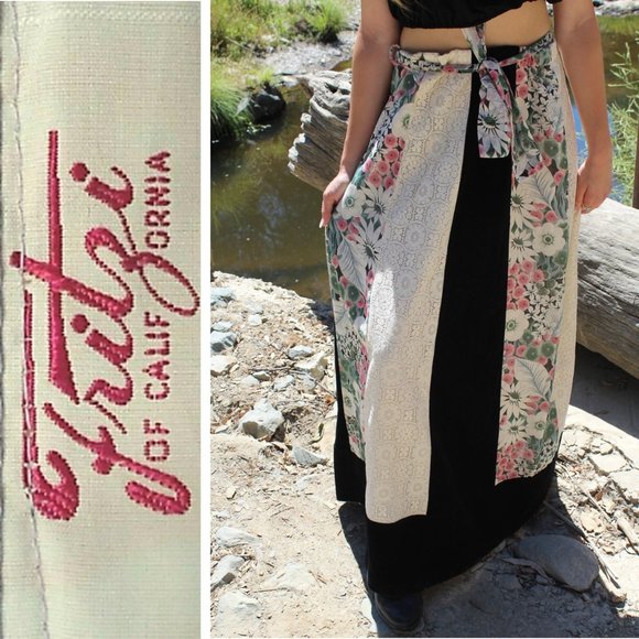VINTAGE FRITZI OF CALIFORNIA LACE & FLORAL COLORBLOCK BOHO MAXI SKIRT - Picture 1 of 3